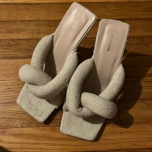 Cream Towelling Quilted Knot Detail High Heeled Mules